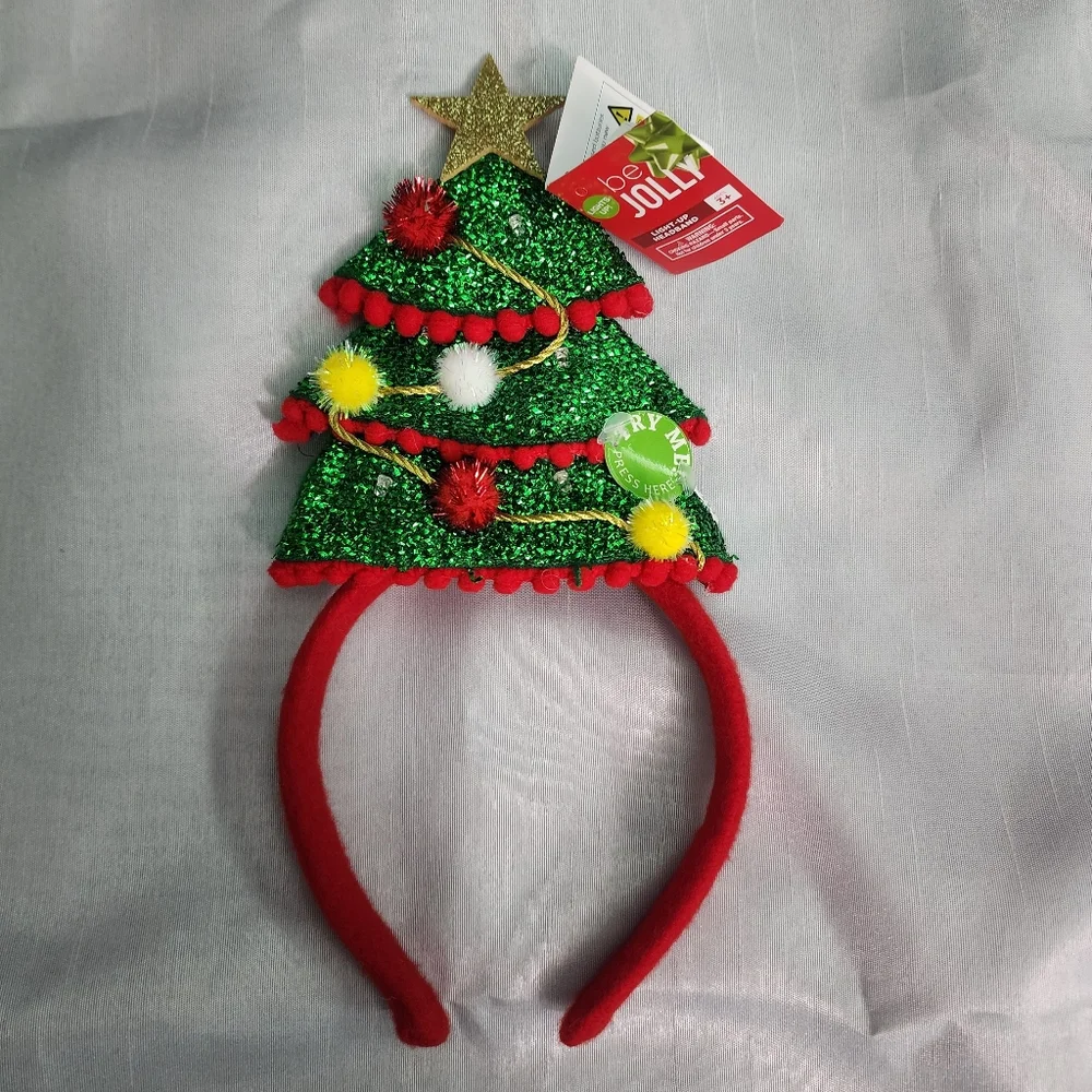 Be Jolly Christmas Tree Light-Up Headband – Glitter & Pom Details – New With Tag
